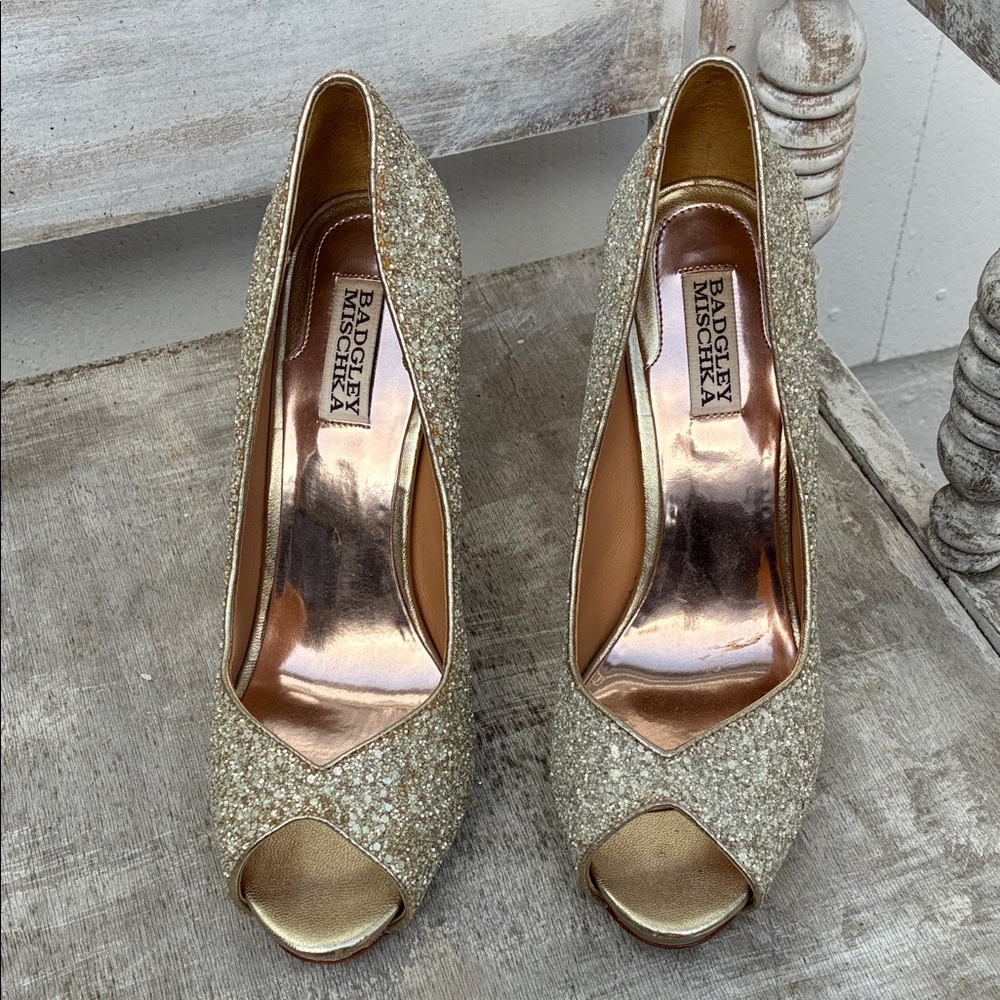 Badgley Mischka Glitter Gold Peep-Toe Heels Wedding Cocktail - Picture 5 of 6
